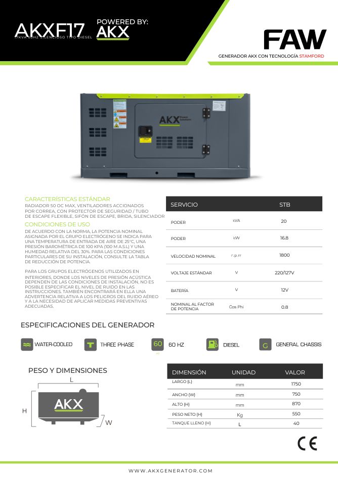 Ficha tecnica-17KVA -FAW-akx-generator
