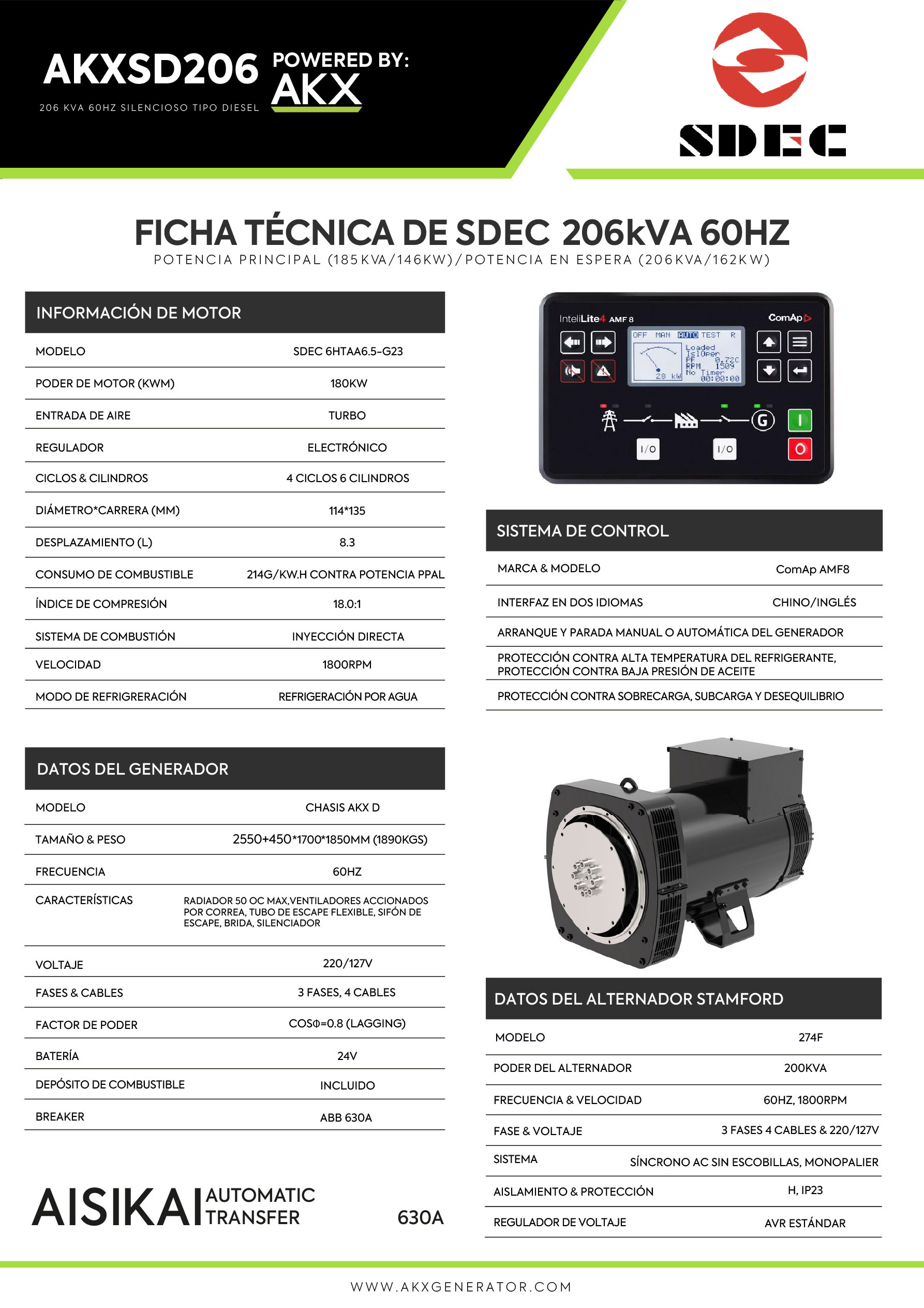 Ficha tecnica-206 KVA SDEC-AKX-GENERATOR